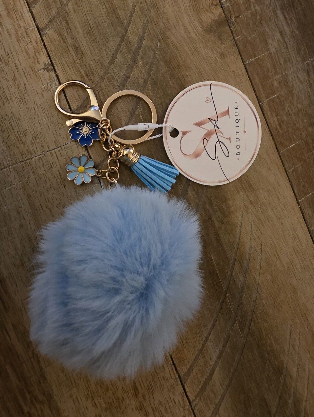 SaBoutique Light Blue Faux Fur Pom Pom Keychain with Floral Charms